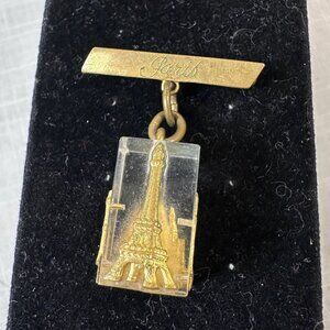 Vintage Paris Souvenir Brooch with Four Landmarks Brass on Lucite